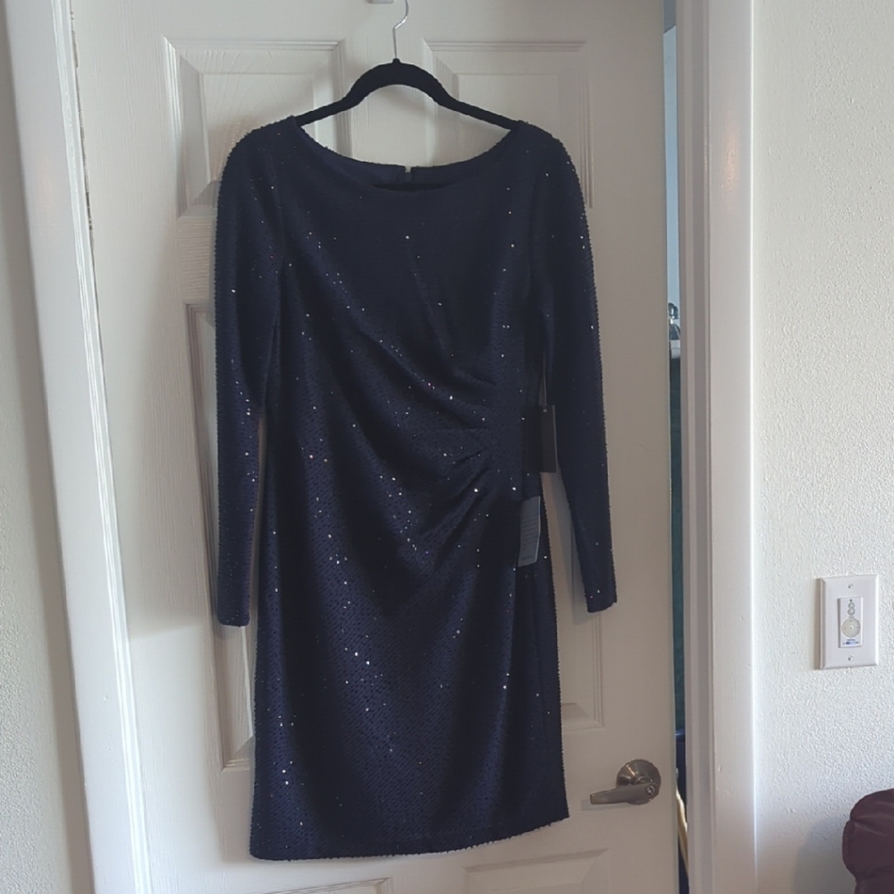 Vince Camuto Navy Sequin Long Sleeve Dress